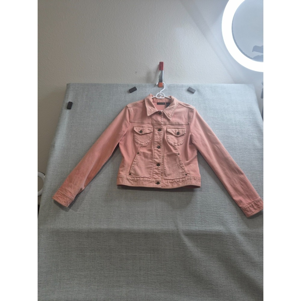 Dkny Jeans Denim Trucker Jacket Womens Large Pink Cotton Stretch Slim Fit Casual